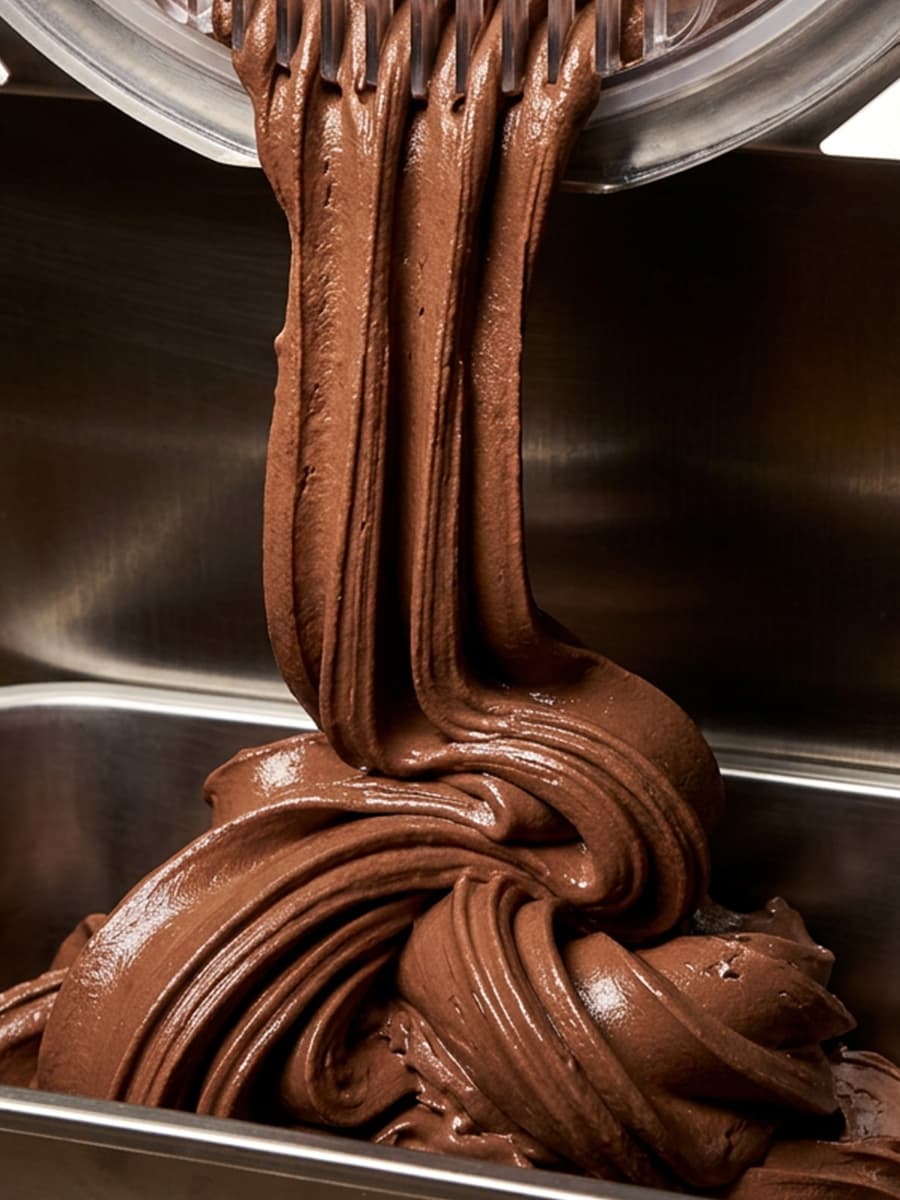 Freshly churned chocolate gelato flowing from a gelato machine